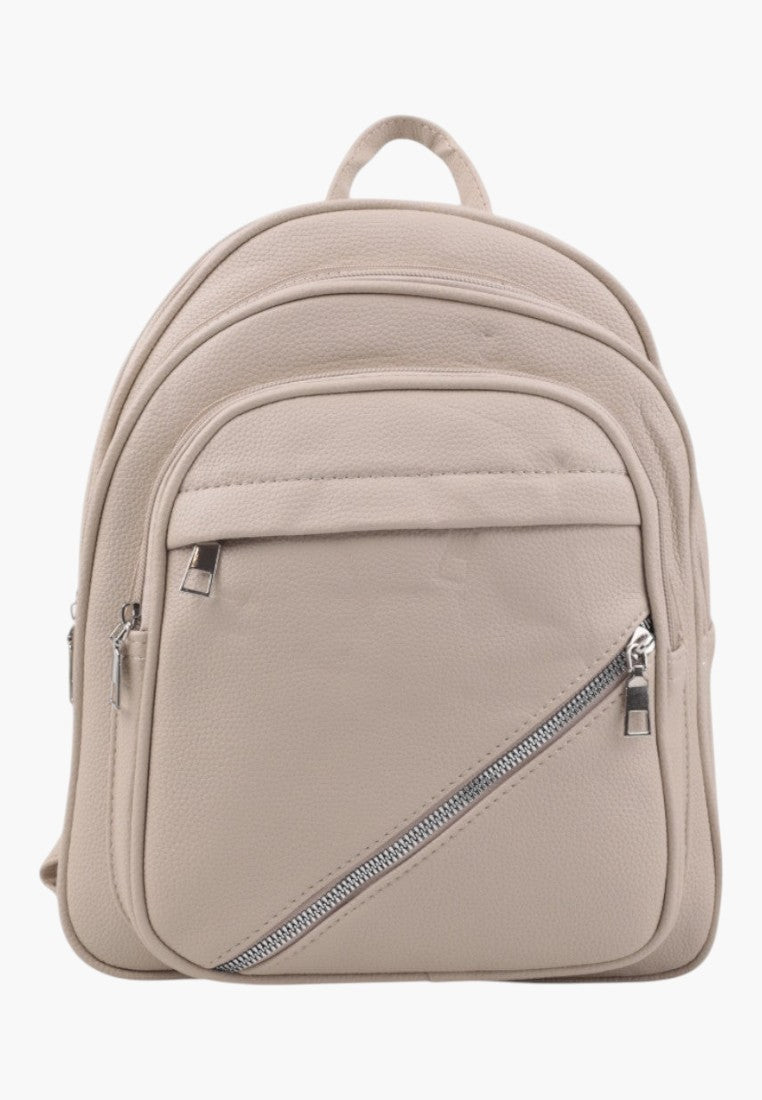 Falio stylish khaki urban women's backpack with a diagonal front zipper and textured finish