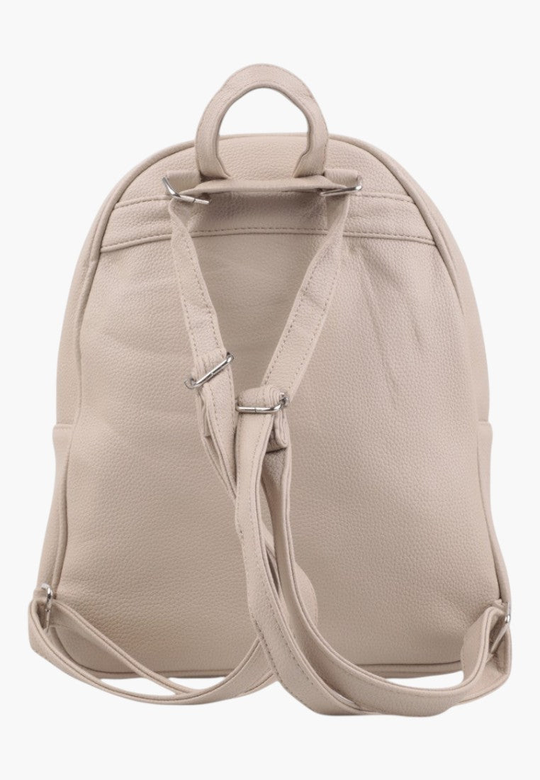 Back view of a stylish Falio khaki urban women's backpack with adjustable straps and textured material.