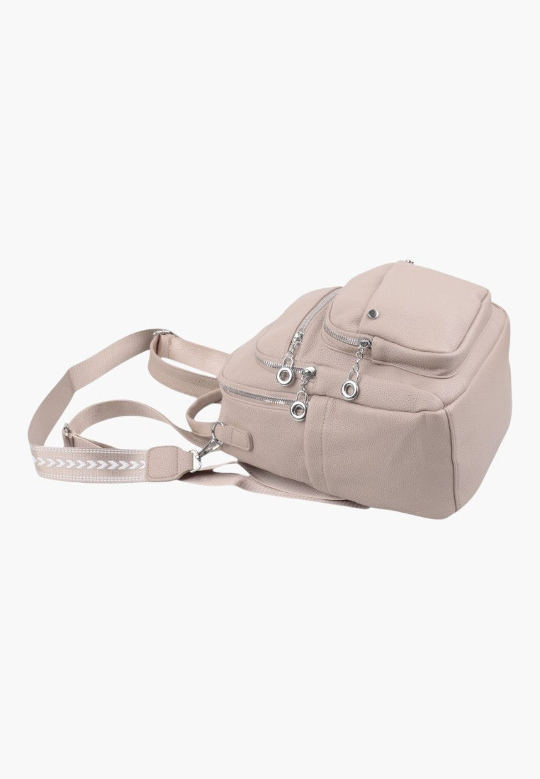 Falio khaki urban women's backpack with silver zippers, textured material, and patterned adjustable shoulder straps.