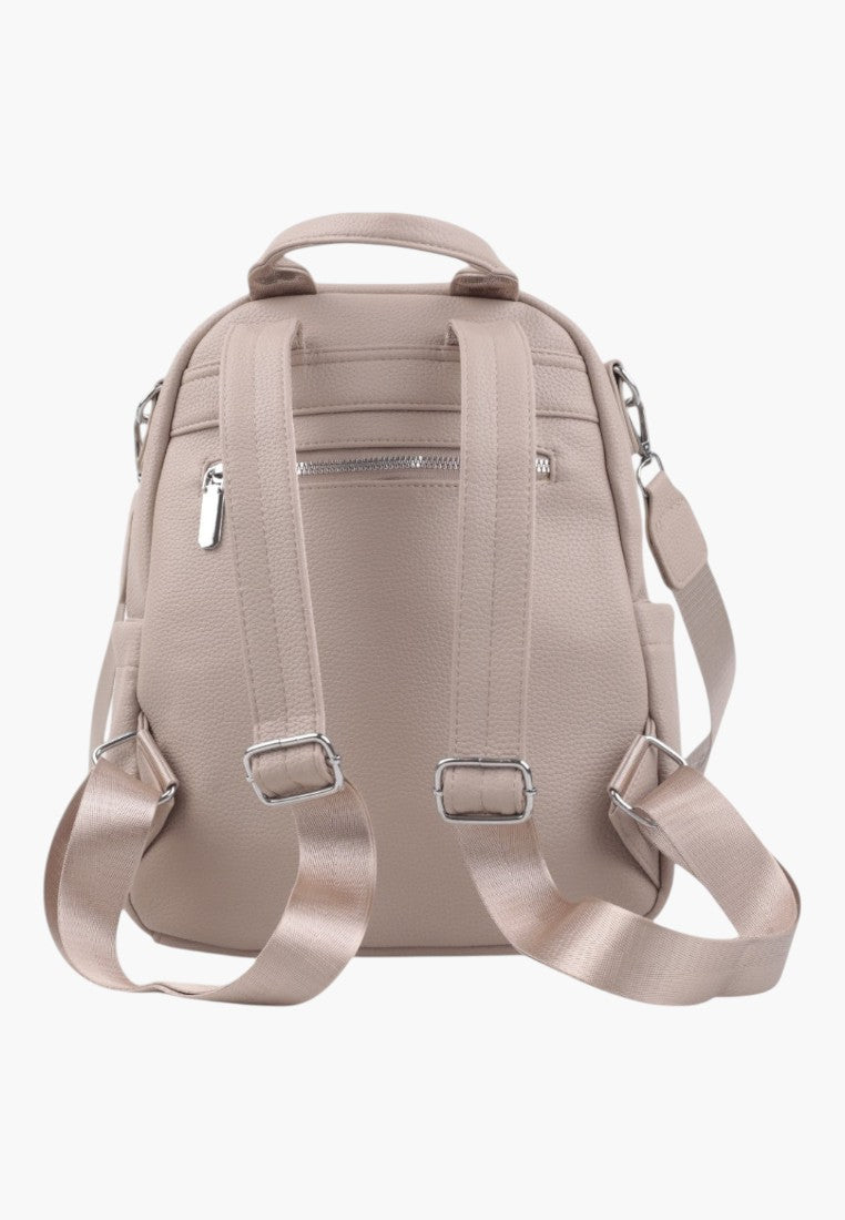 Falio urban women's backpack in khaki with adjustable straps and silver hardware, back view