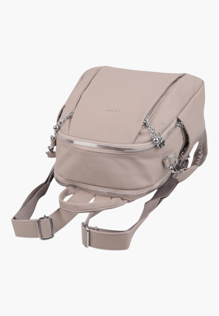 Falio khaki urban women's backpack with silver zippers and adjustable straps, featuring a modern, compact design.