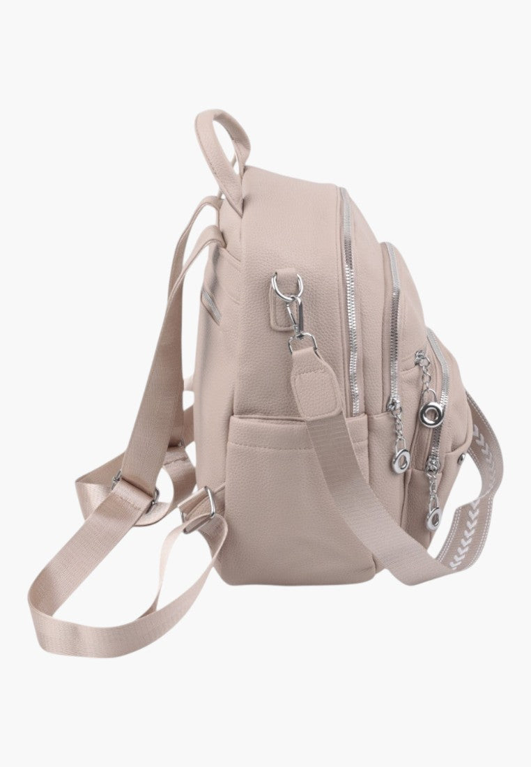 Falio khaki urban women's backpack with multiple zippered compartments and adjustable straps in a side view.
