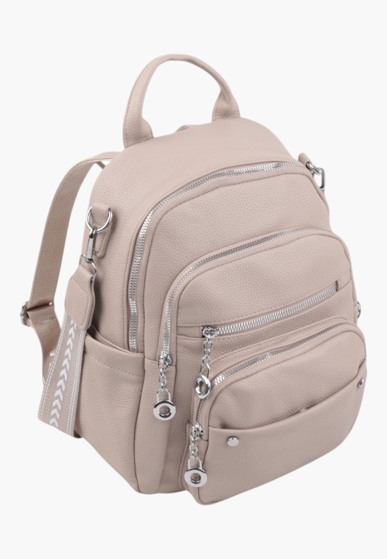 Falio khaki urban women's backpack with multiple zippered compartments and decorative patterned straps