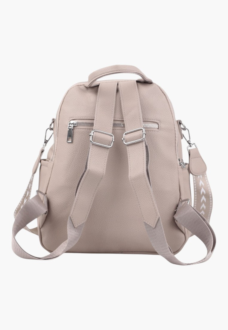 Falio khaki urban women's backpack with adjustable straps and silver zipper details, back view.