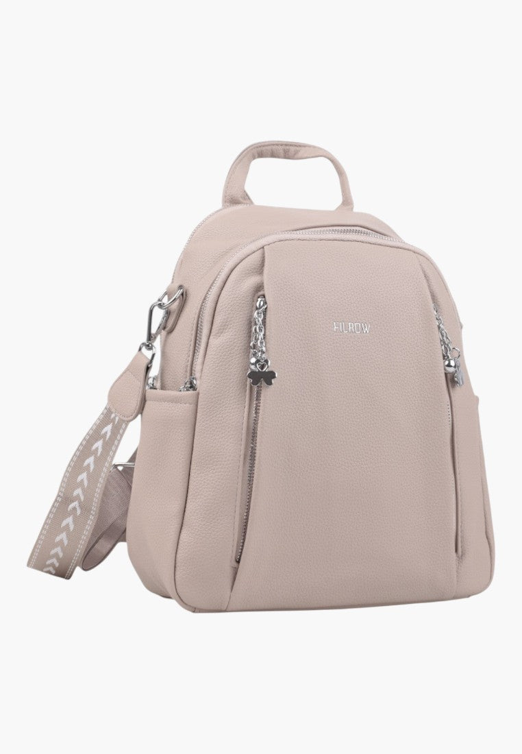 Falio khaki urban women's backpack with silver zippers and a decorative patterned shoulder strap