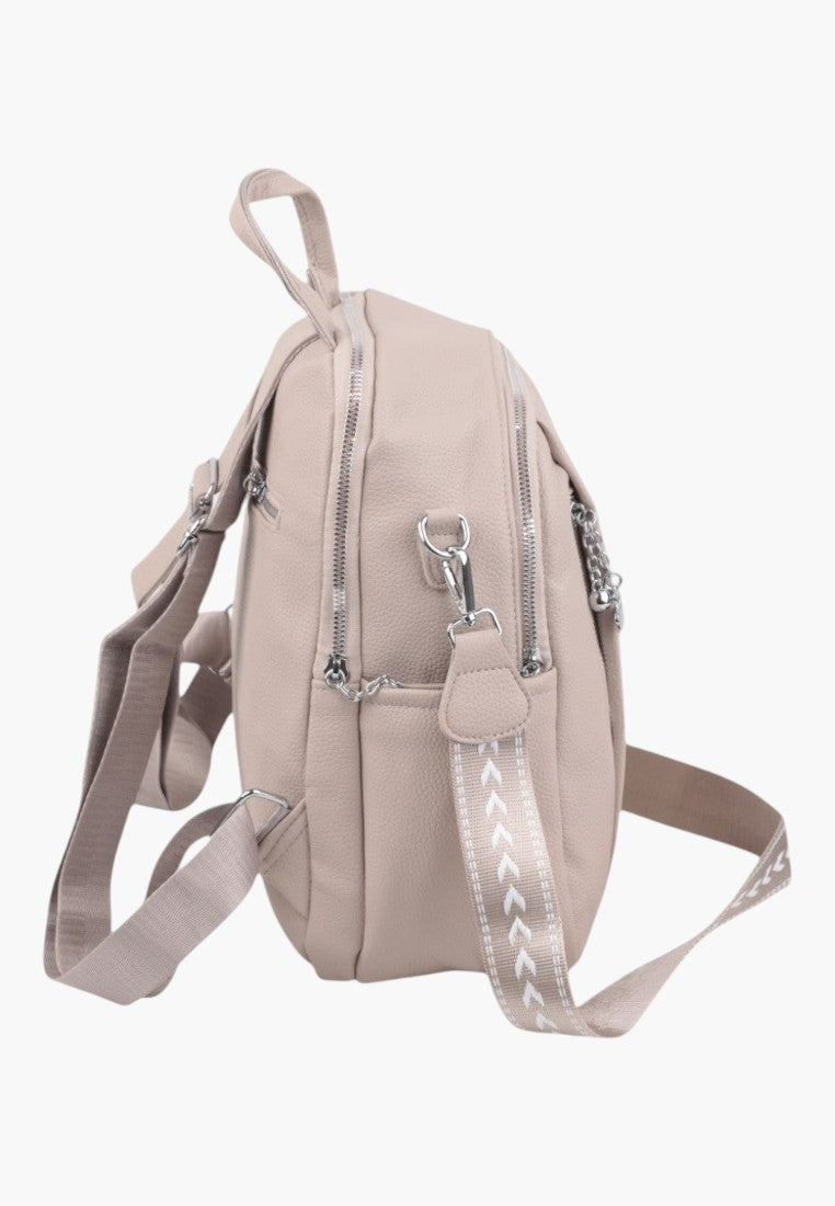 Falio khaki urban women's backpack with side view, featuring silver zippers and patterned adjustable shoulder straps.