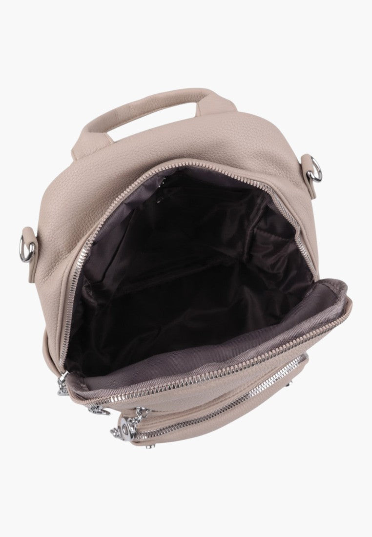 Falio khaki urban women's backpack with an open main compartment and silver zippers, showing interior lining.