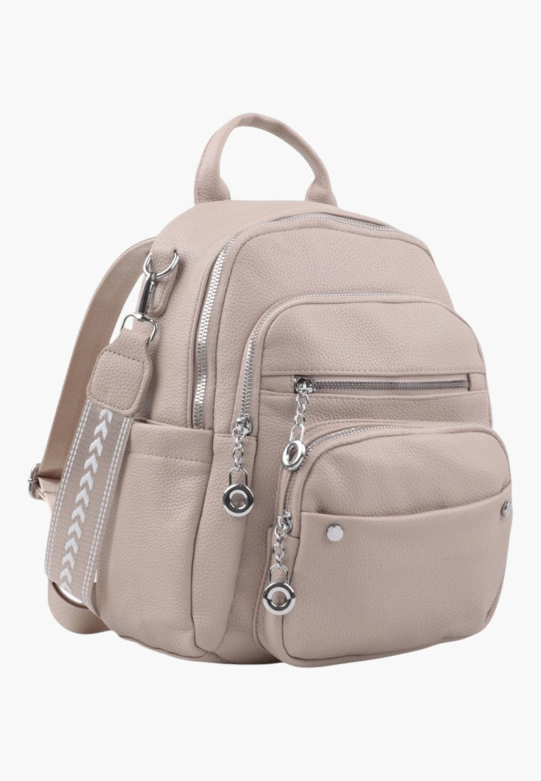 Falio khaki urban women's backpack with multiple zippered pockets and decorative patterned straps