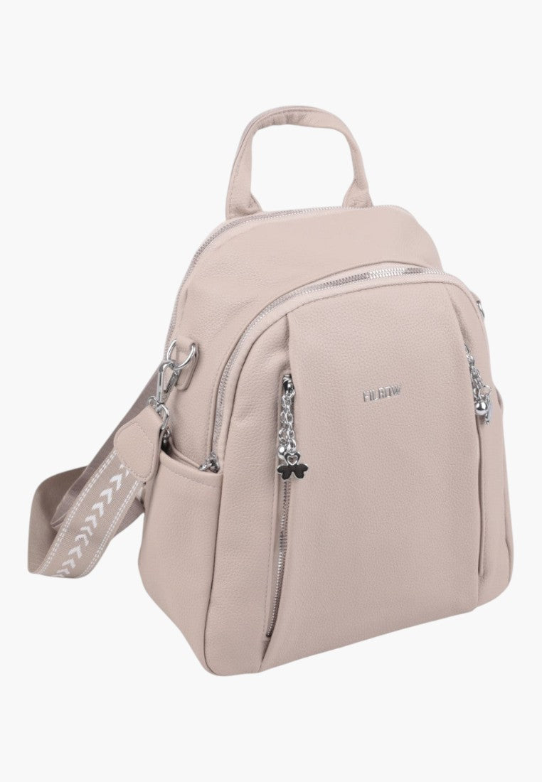 Falio khaki urban women's backpack with silver zippers and decorative charm, featuring a patterned shoulder strap.