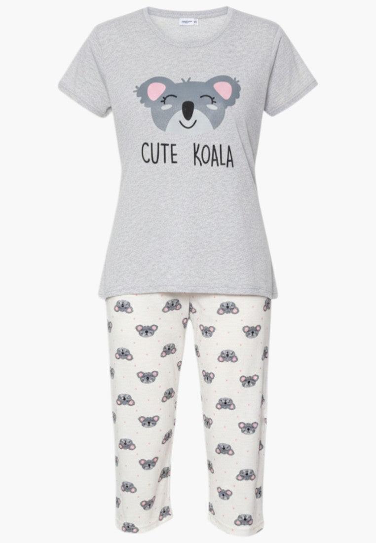Falio grey cotton t-shirt with cute koala graphic and matching capri pants with koala print.