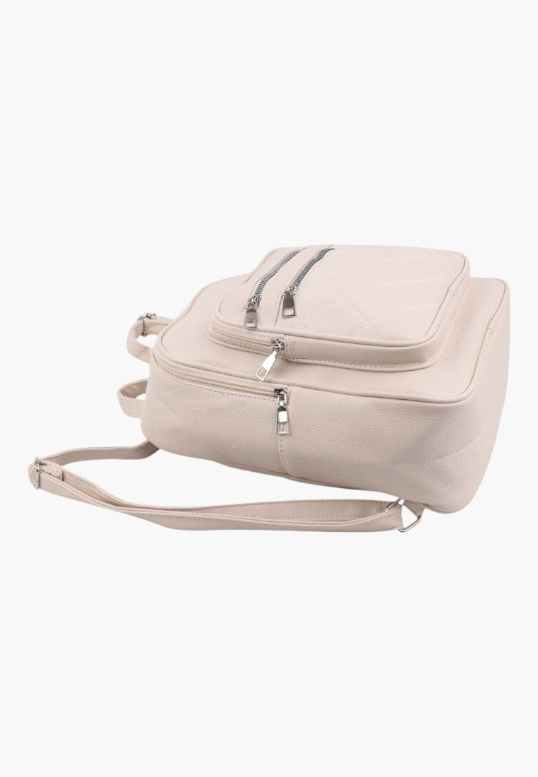 Falio LAPRICOT beige urban women's backpack with quilted front pocket and silver zippers
