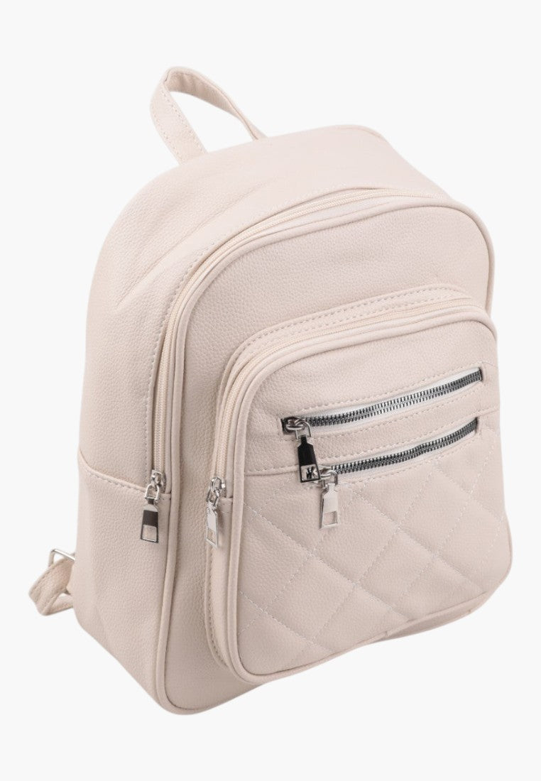 Falio LAPRICOT beige urban women's backpack with quilted front pocket and silver zippers