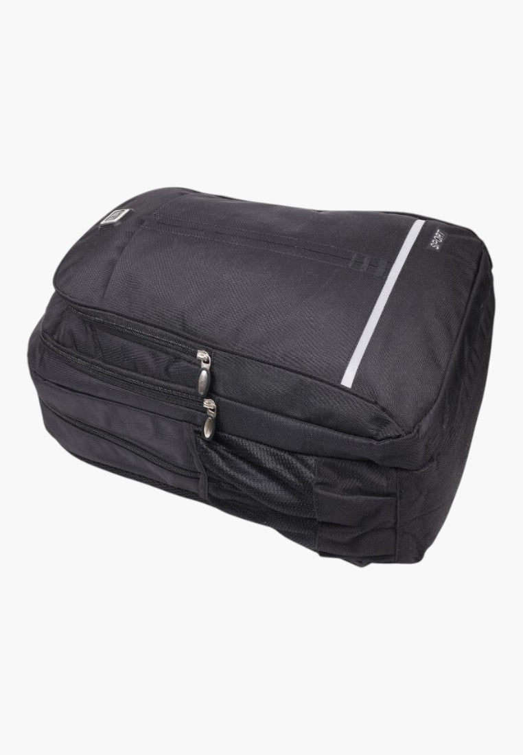 Falio large black 35L urban backpack with multiple compartments, durable fabric, and reflective sport detailing.