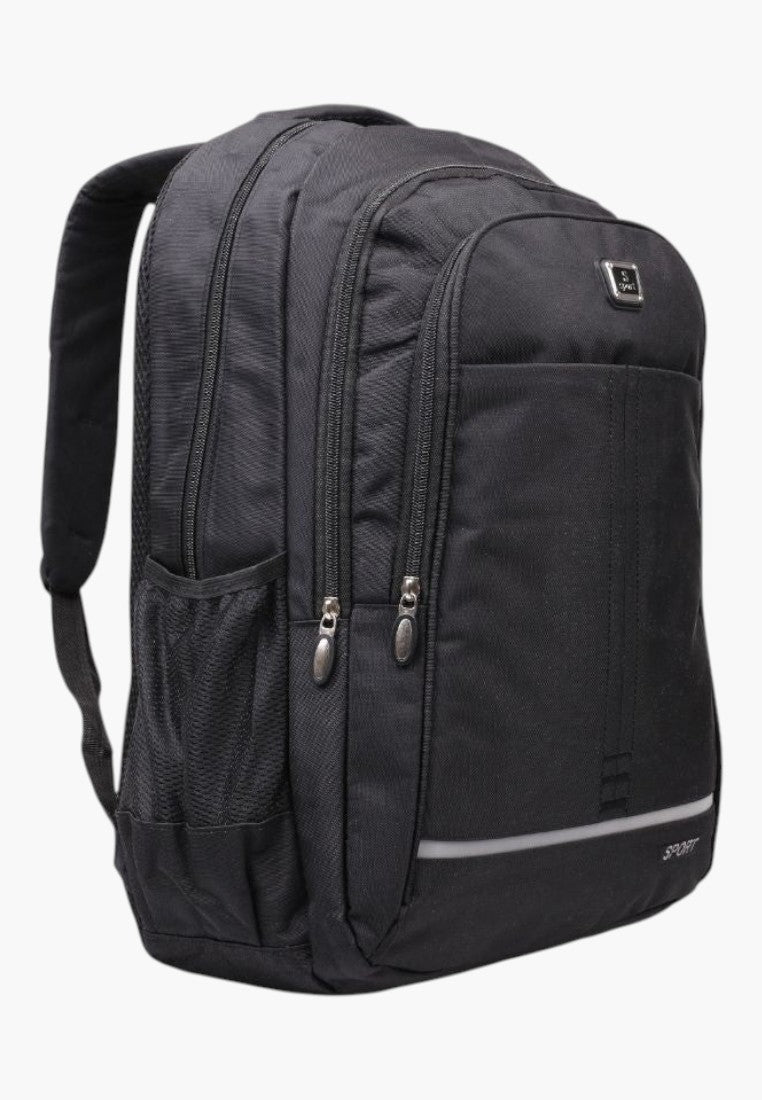 Falio large black 35L urban backpack with multiple compartments, durable fabric, and side mesh pockets.