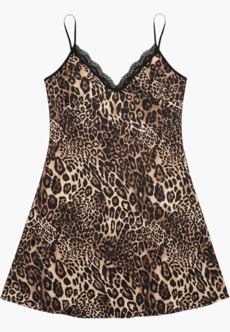 Falio leopard print satin chemise with black lace trim and adjustable spaghetti straps.