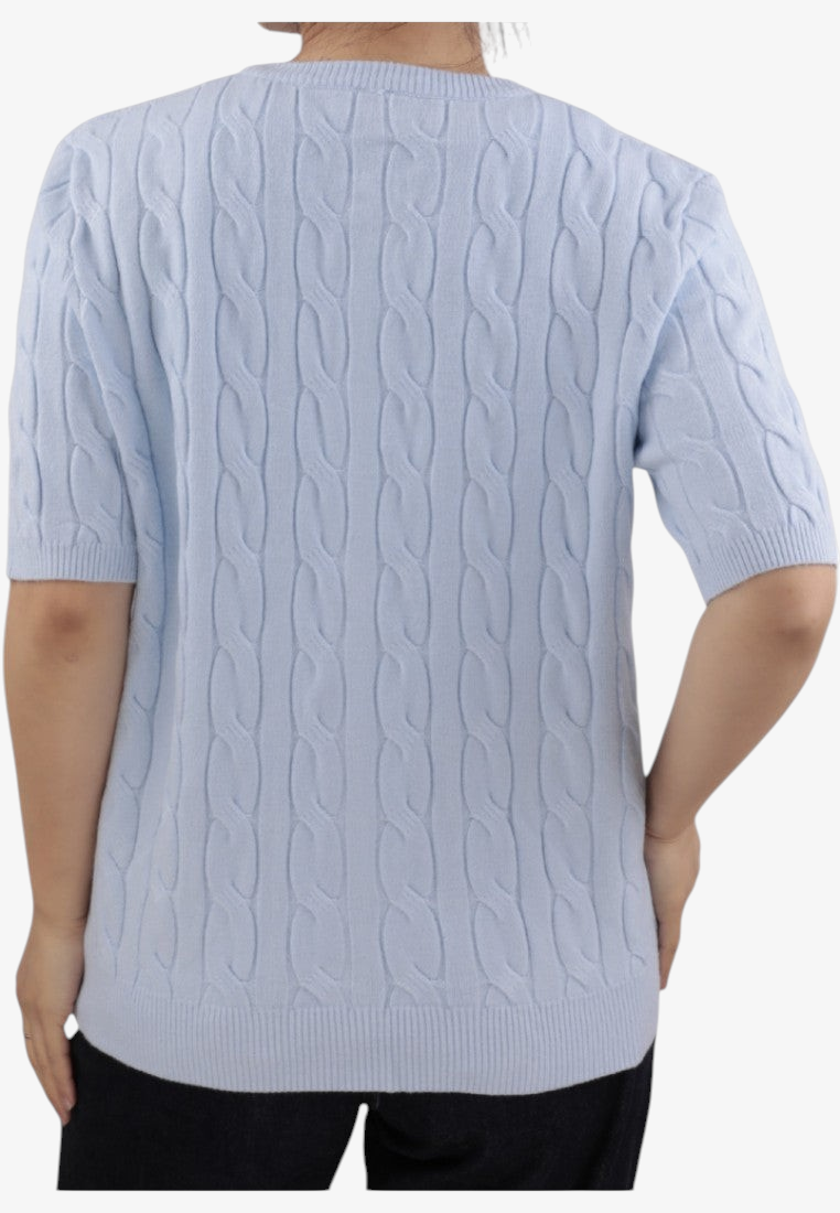 Falio light blue short-sleeve viscose sweater with a classic cable knit pattern and round neckline, back view