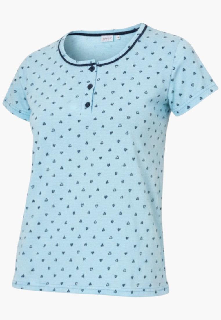 Falio light blue 100% cotton women's pajama set with heart print and navy trim.