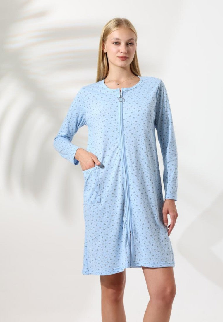 Falio women's light blue cotton robe with small floral pattern, front zipper, and pockets, knee-length, long sleeves.