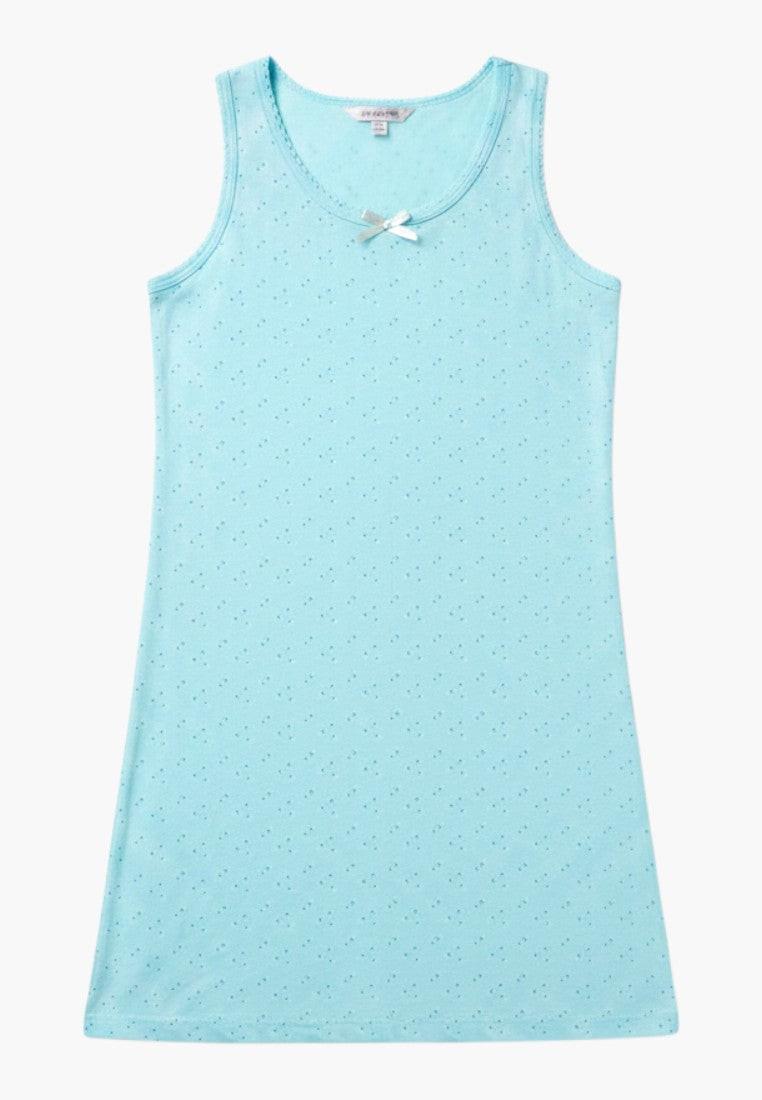 Falio light blue sleeveless nightgown with a subtle all-over dot pattern and lace trim at the neckline.
