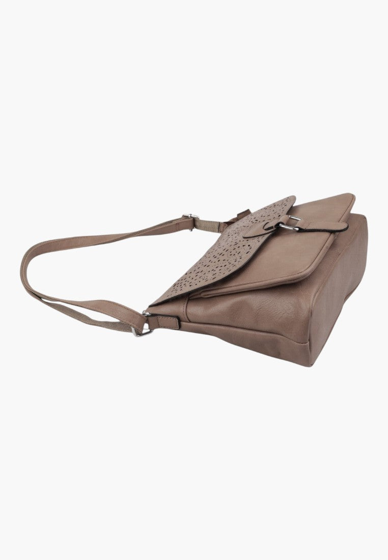 Falio elegant light grey crossbody bag with a laser-cut flap detail and adjustable shoulder strap