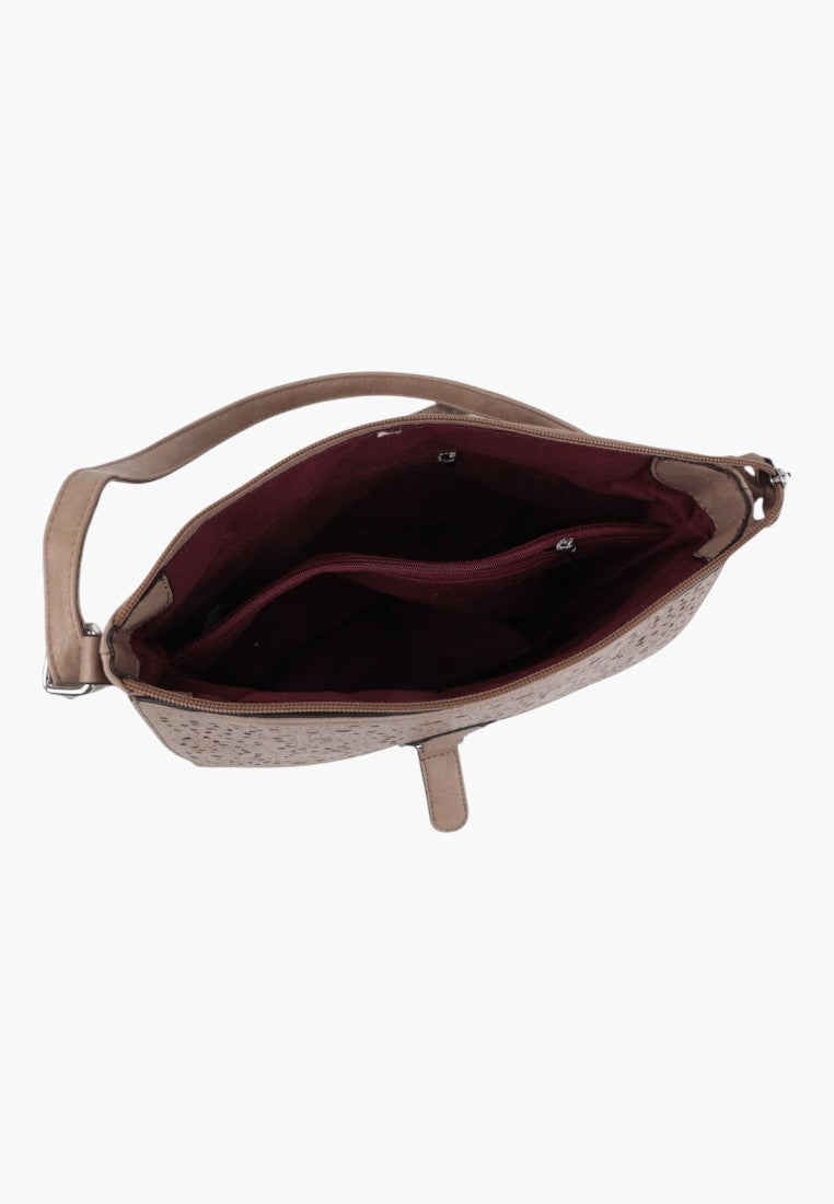 Falio light grey women's crossbody bag with laser-cut pattern and dark interior lining, top view