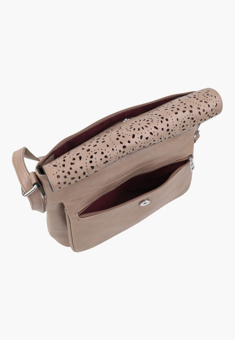 Falio light grey crossbody bag with a laser-cut floral pattern on the flap and a convenient front zipper pocket