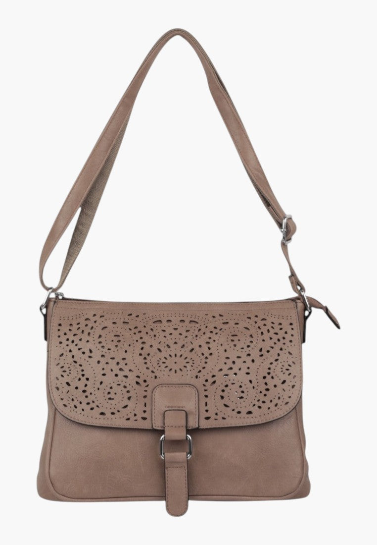 Falio elegant light grey crossbody bag with decorative laser-cut floral pattern on the flap and adjustable strap