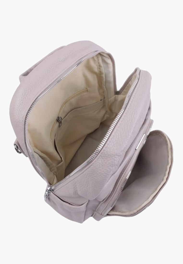 Falio light grey faux leather urban backpack with multiple zippered compartments and spacious A4 interior