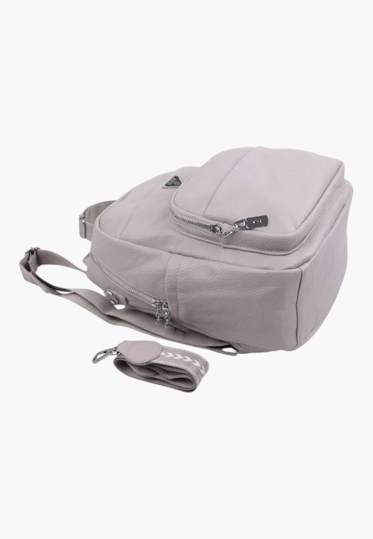 Falio light grey faux leather urban backpack with multiple zippered pockets and a detachable patterned shoulder strap