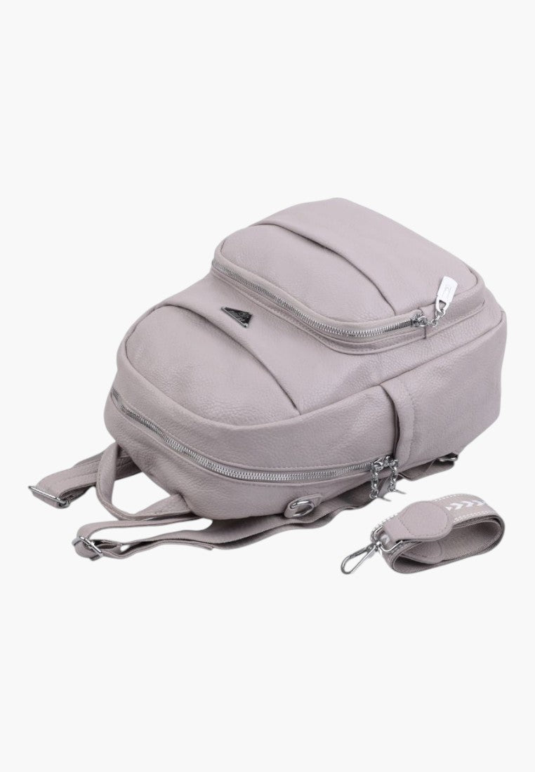 Falio urban women's backpack in light grey faux leather with multiple zippered pockets and a detachable strap