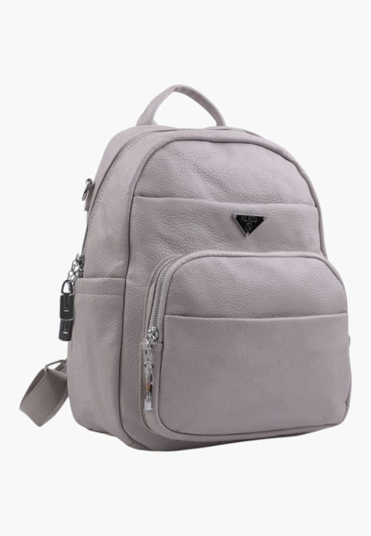 Falio urban women's backpack in light grey faux leather with multiple zippered pockets and a spacious A4 compartment.