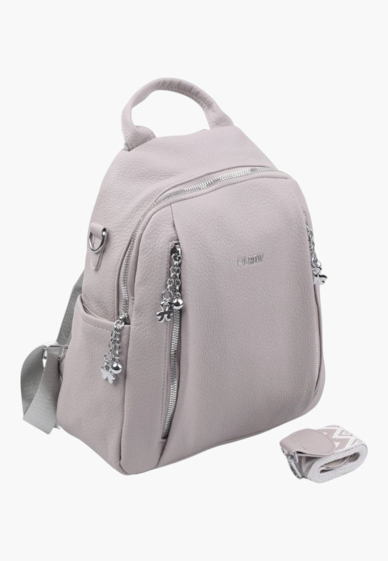 Falio urban women's backpack in light grey faux leather with multiple zippered pockets and A4 capacity