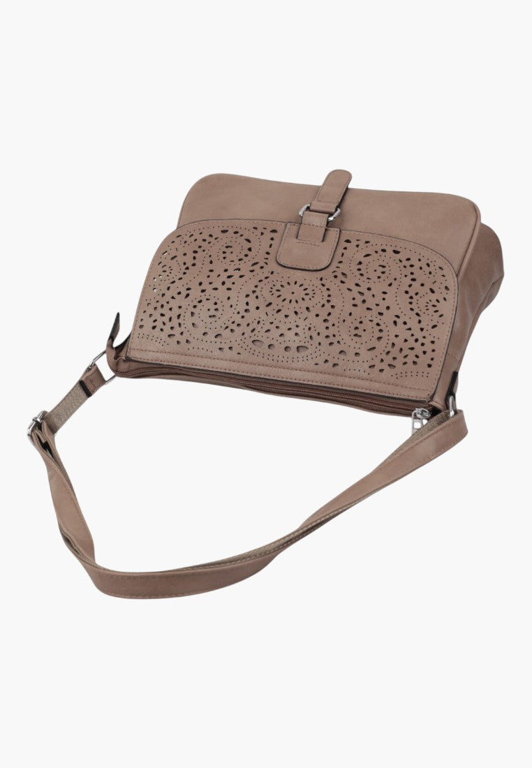 Falio light grey crossbody bag featuring intricate laser-cut floral patterns and an adjustable shoulder strap.