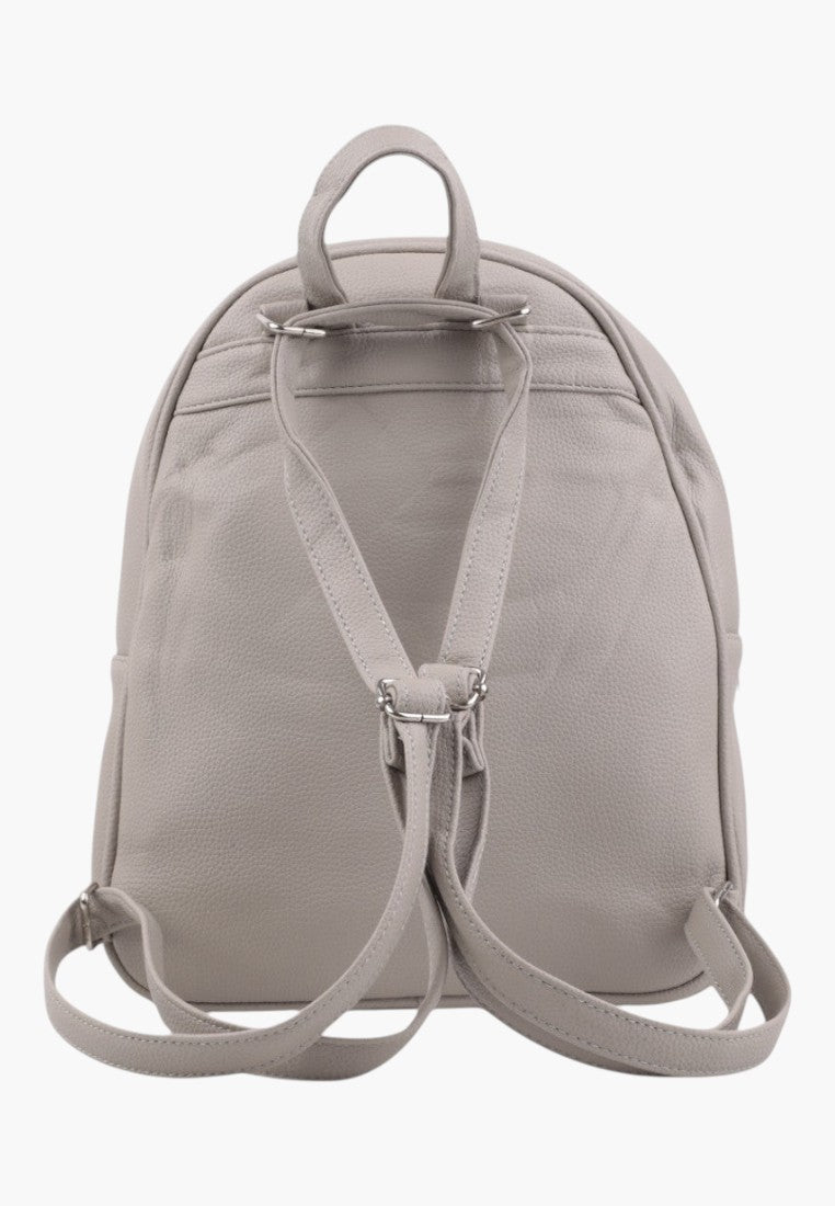 Back view of a light grey Falio urban women's backpack with adjustable straps and textured material.