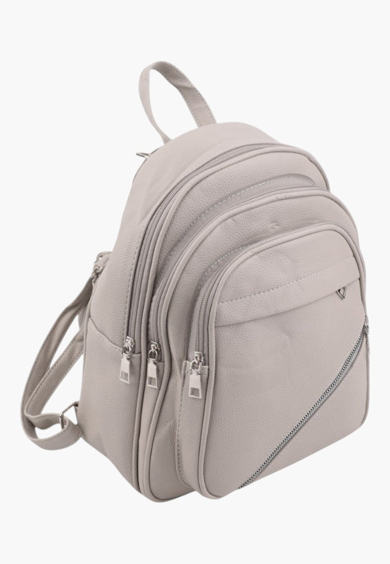 Falio light grey urban women's backpack with multiple zippered compartments and textured faux leather finish