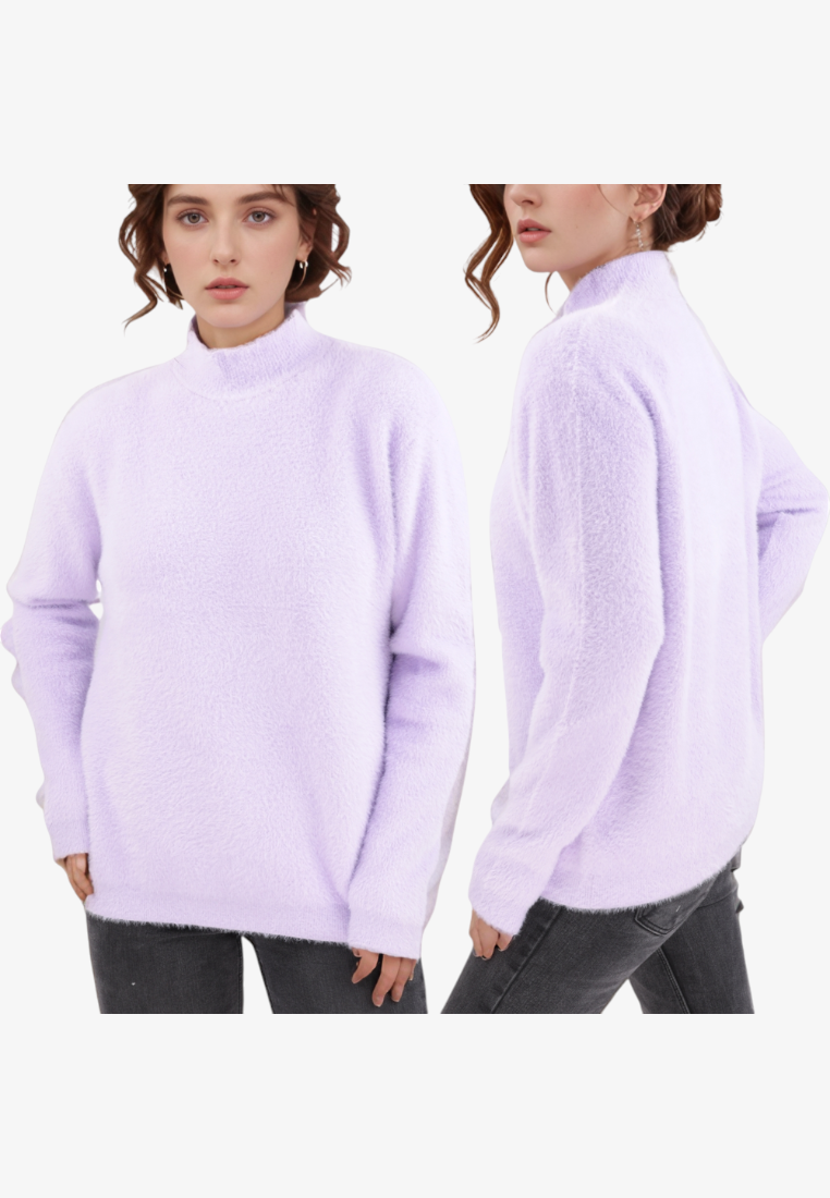 Falio women's soft lilac wool and cashmere blend sweater with a mock neck, shown from front and side angles.