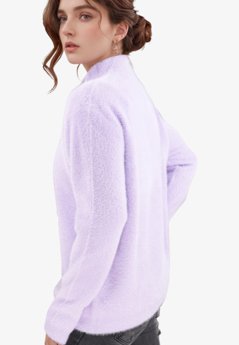 Falio women's soft lilac wool and cashmere blend mock neck sweater worn by a model in a side profile view.