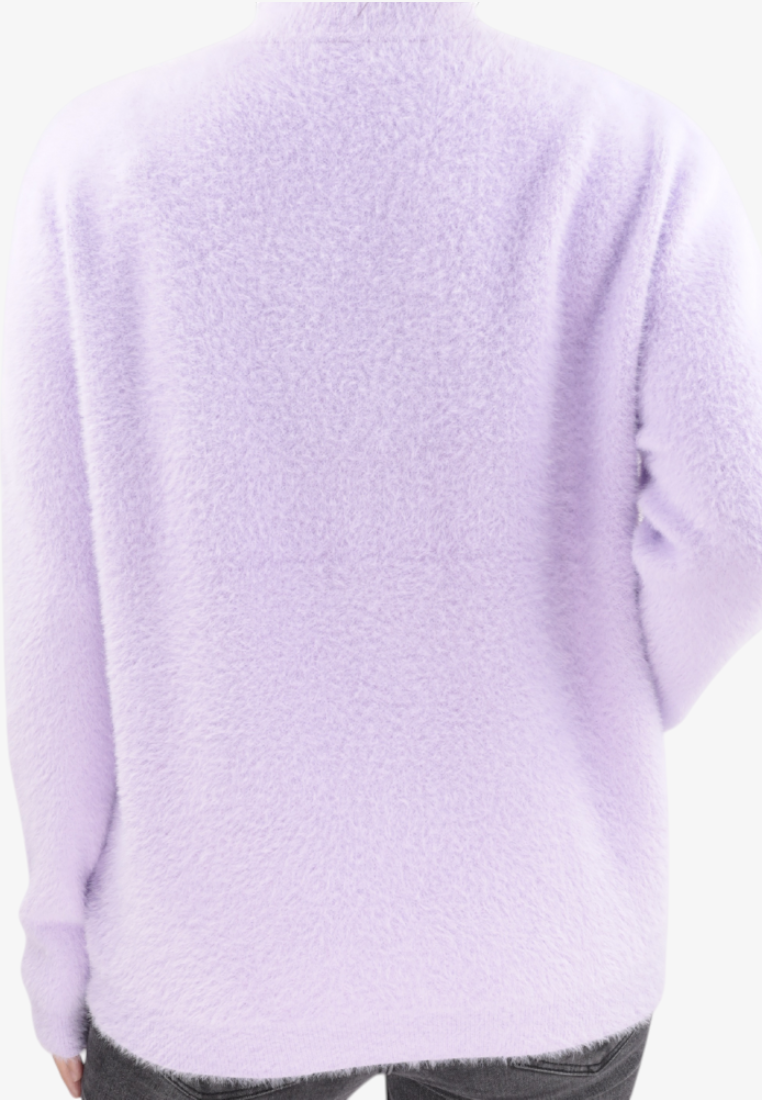 Falio women's soft lilac wool and cashmere blend sweater with a mock neck, back view.