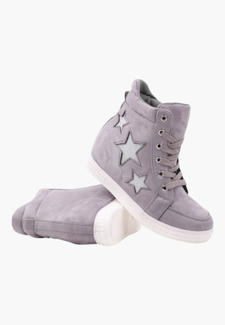 Falio Matryosha 3 grey suede high-top wedge sneakers with glitter star details and lace-up closure