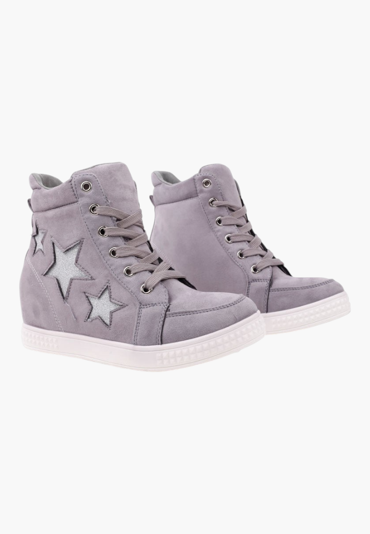 Falio Matryosha 3 grey suede high-top sneakers with glitter star details and white platform soles