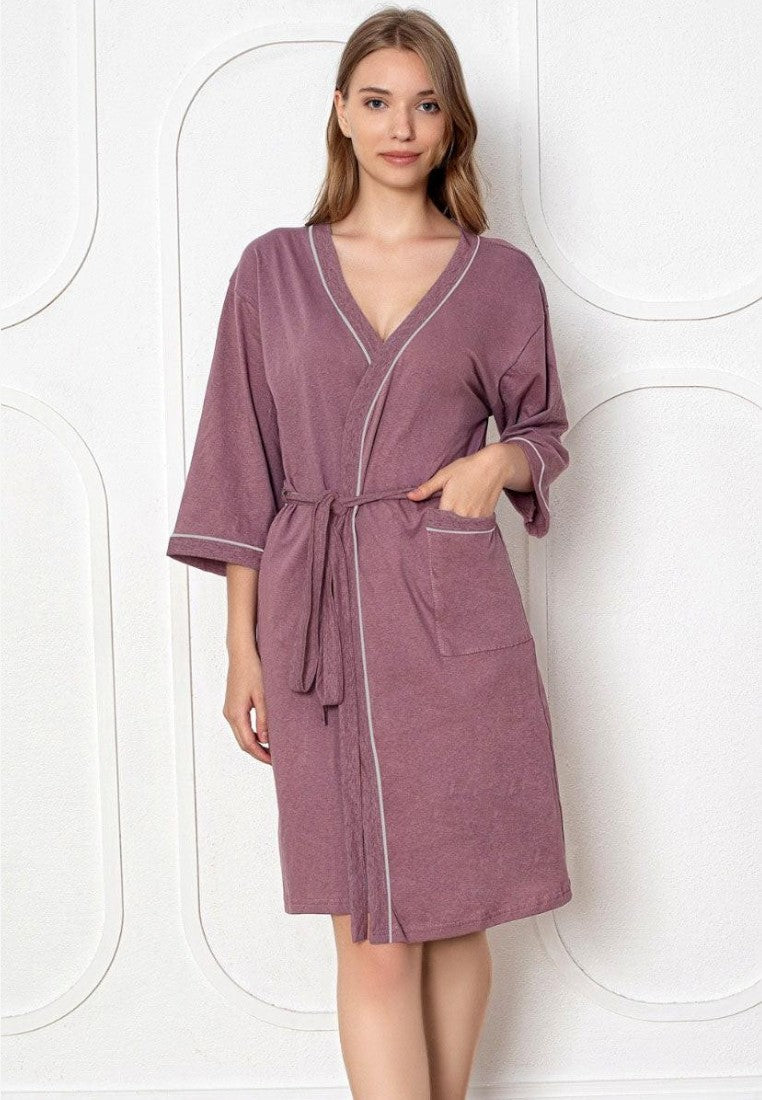 Falio women's mauve cotton bathrobe with 3/4 sleeves, tie waist, and side pockets, knee-length loungewear.
