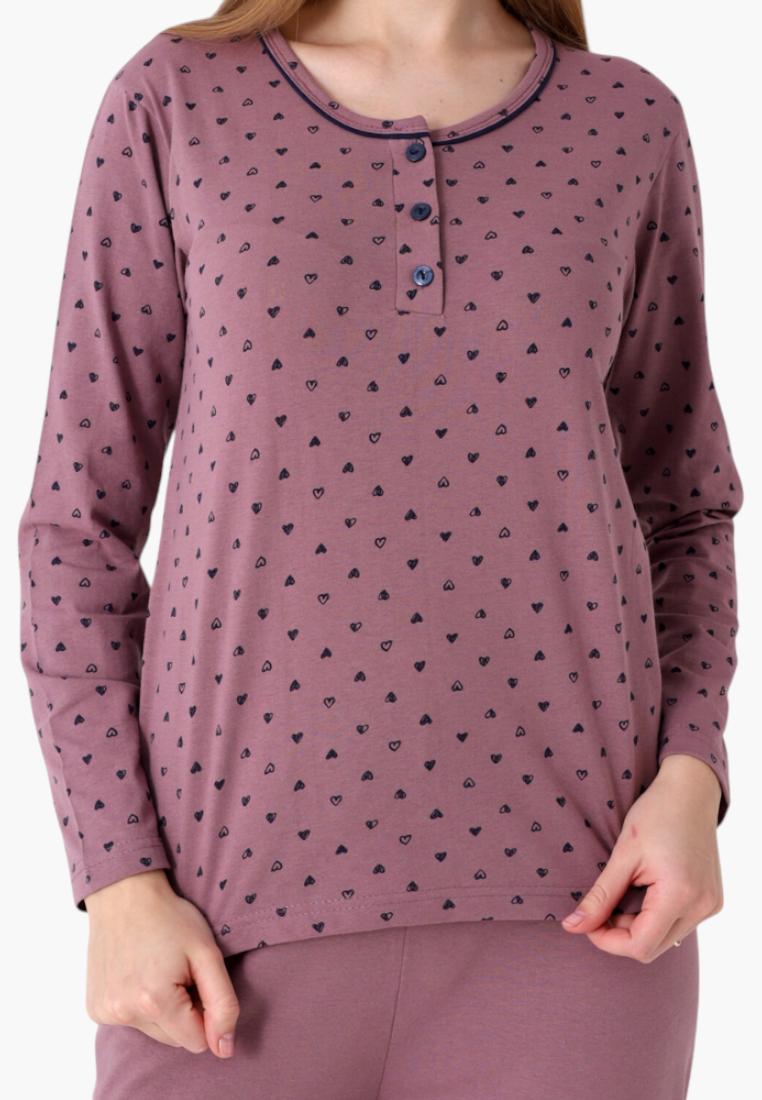 Falio women's insulated cotton pajama top in mauve with a small black heart print, round neckline, and button placket