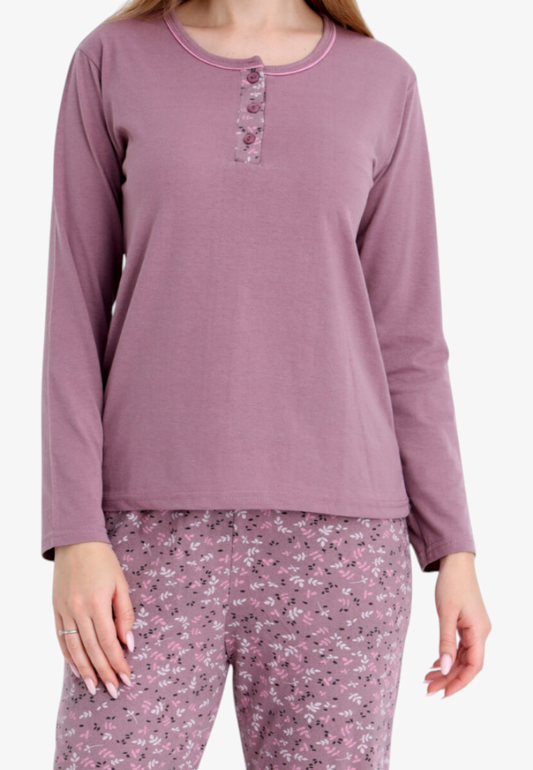 Falio women's insulated cotton pajama set featuring a mauve long-sleeve top and patterned floral print bottoms.