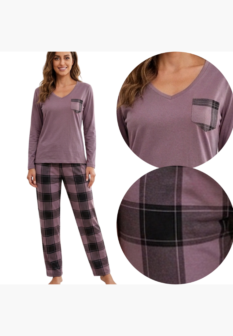 Falio women's mauve cotton pajama set with long sleeves, V-neck, and plaid patterned pants and chest pocket.