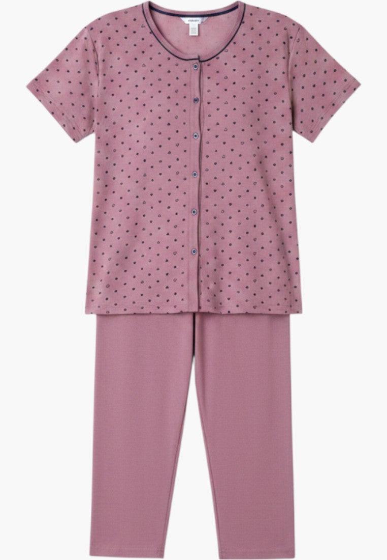 Falio plus size women's two-piece pajama set in mauve with a heart print, short sleeves, and capri pants.