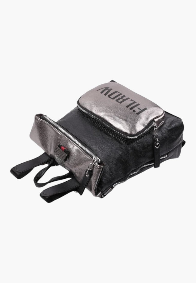 Falio urban women's backpack in black and metallic silver faux leather with multiple zippered pockets and A4 capacity