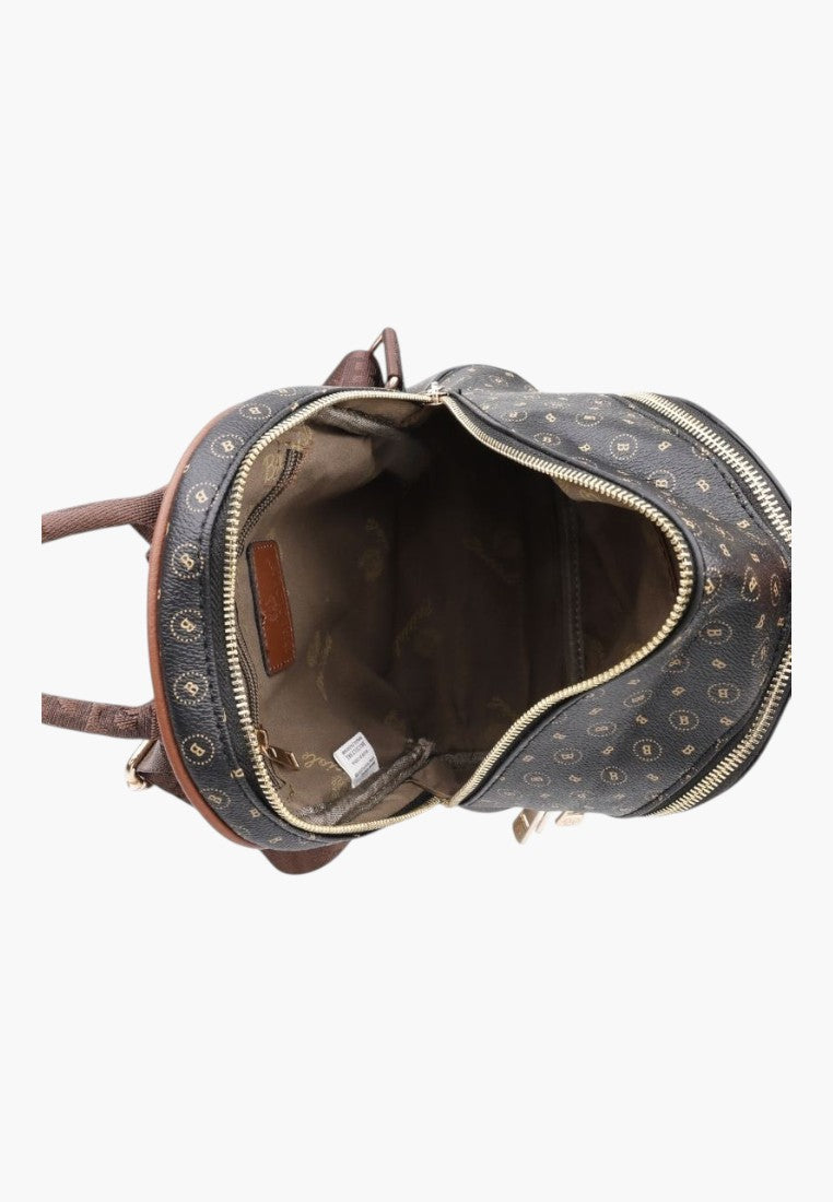 Falio black faux leather city backpack with monogram pattern, open top view showing interior compartments and zippers