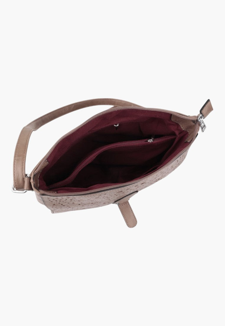 Falio mud brown crossbody handbag with a textured exterior and a deep burgundy fabric interior lining
