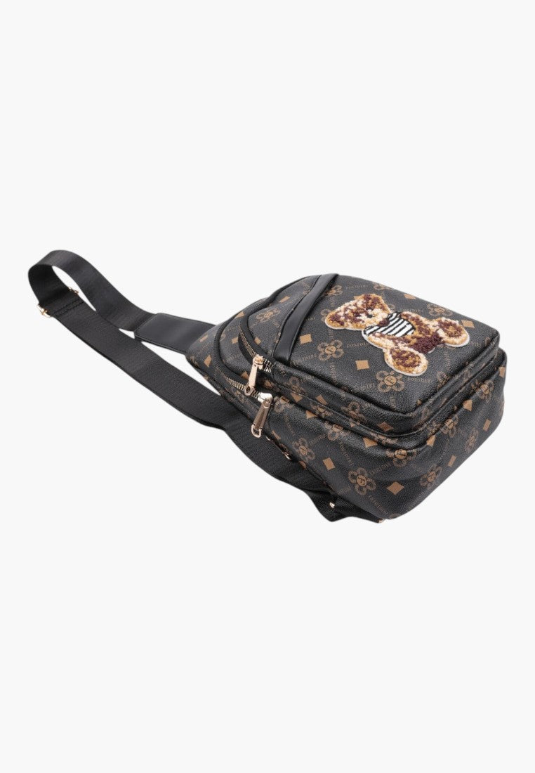 Falio women's multi-colored faux leather city backpack with a teddy bear patch and monogram pattern