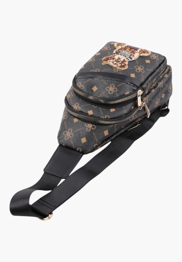 Falio women's small multi-colored faux leather city backpack with a bear patch and multiple zippered compartments
